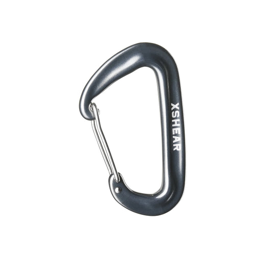 Gray carabiner with 'XSHEAR' branding on a white background