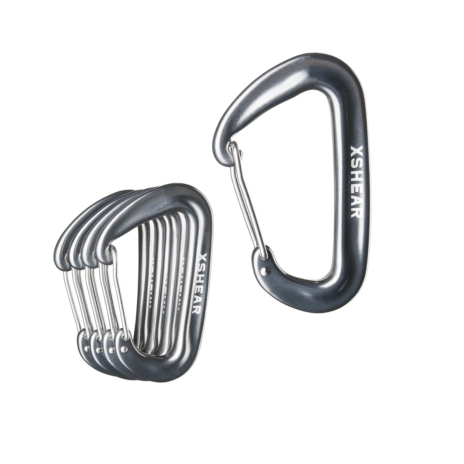 Set of metal carabiners with 'XSHEAR' branding on a white background