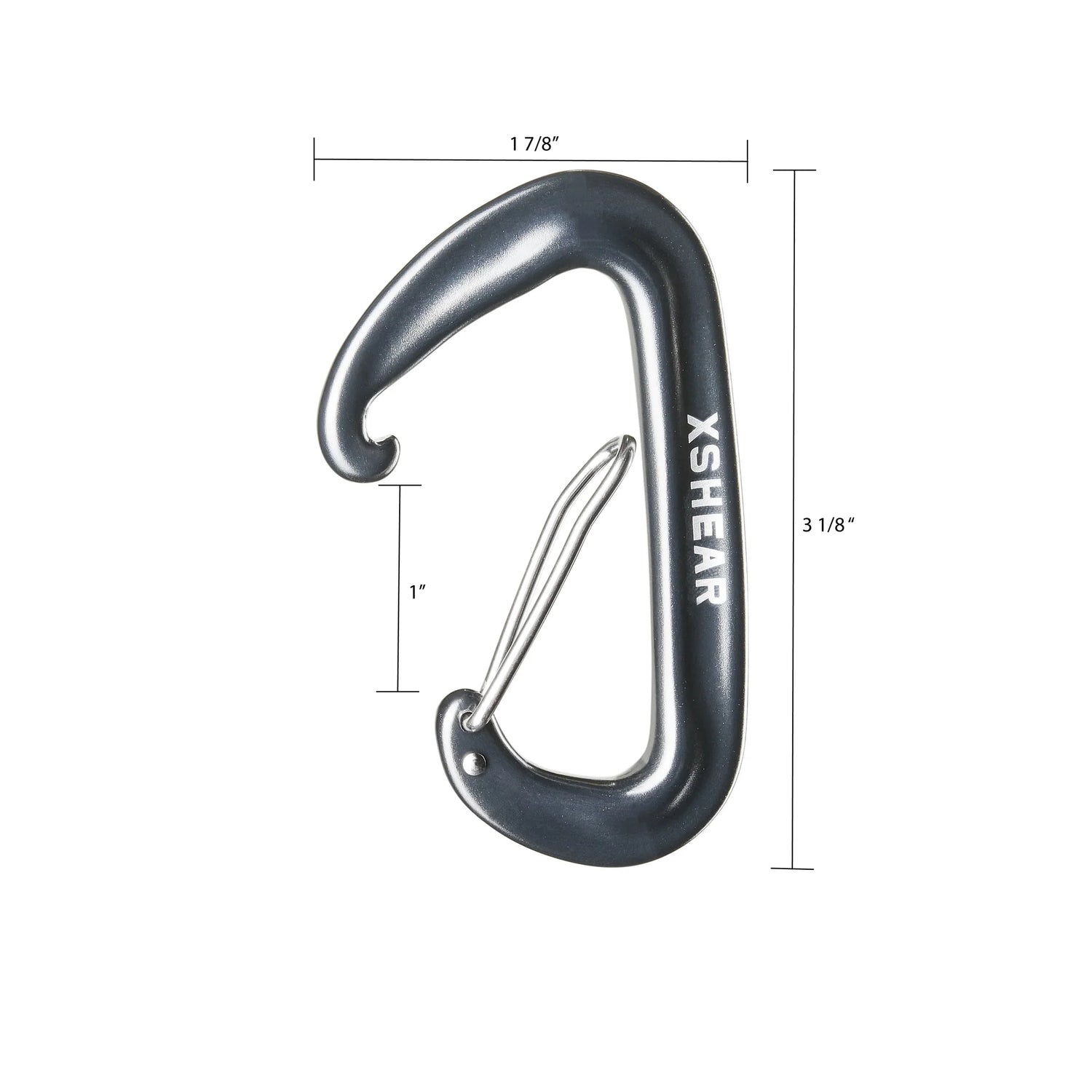 XShear aluminum carabiner showing size and shape with dimensions.