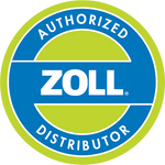 A blue and green circle logo with white text Authorized Zoll Distributor 