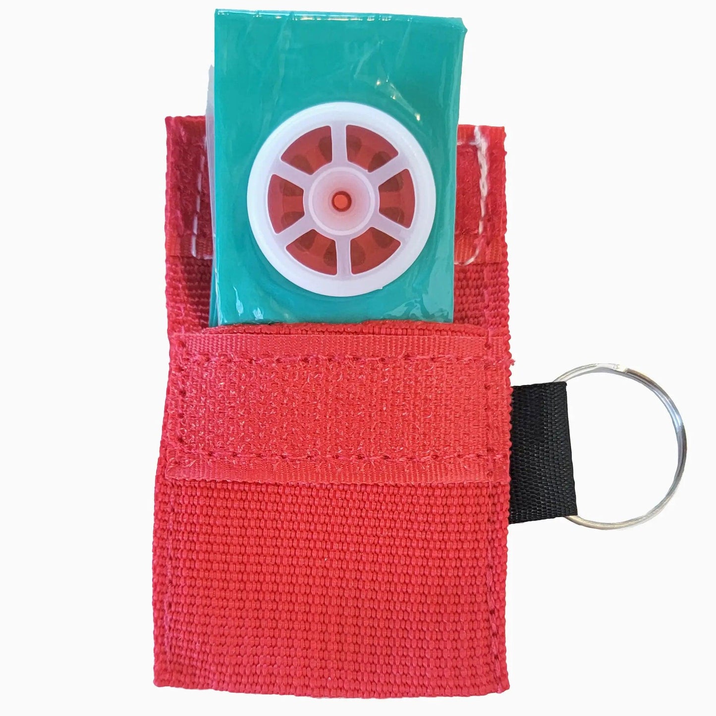 A CPR Face Shield red fabric keychain with First Aid Plus logo