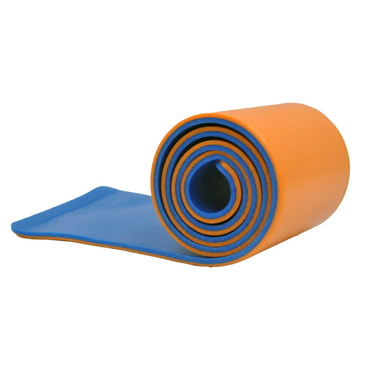 A roll of blue and orange elastic bandage.