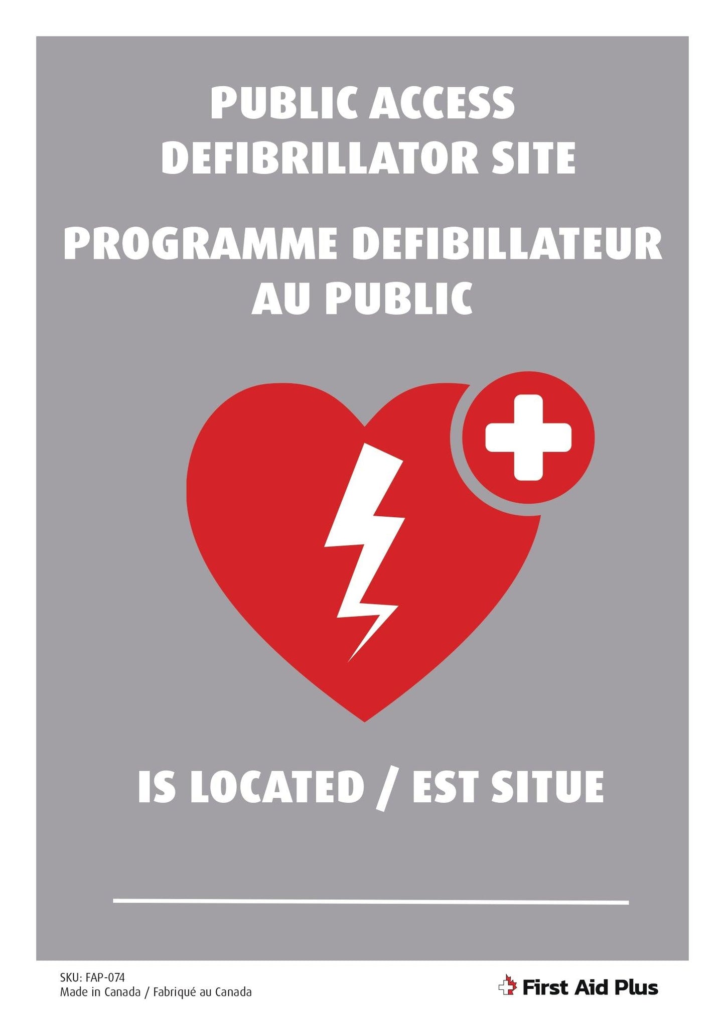 Public Access Defibrillator Site Sign, AED Location Sign, Plastic, Bilingual, 14"x10" - First Aid Plus 