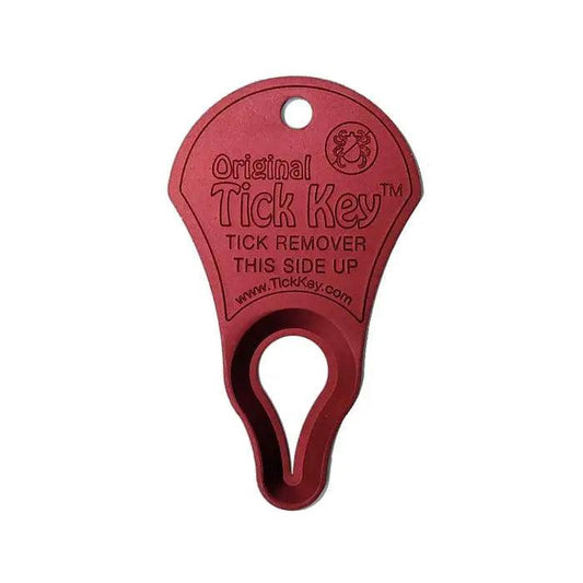 Red tick key for easy tick removal, featuring clear "Tick Key" label, on white backdrop.