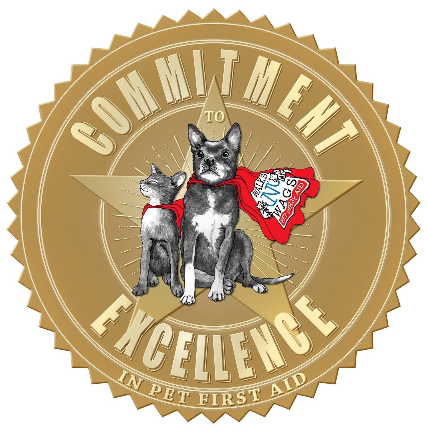 Walks 'N' Wags Commitment to Excellence logo with a cat and a dog with super hero capes on.