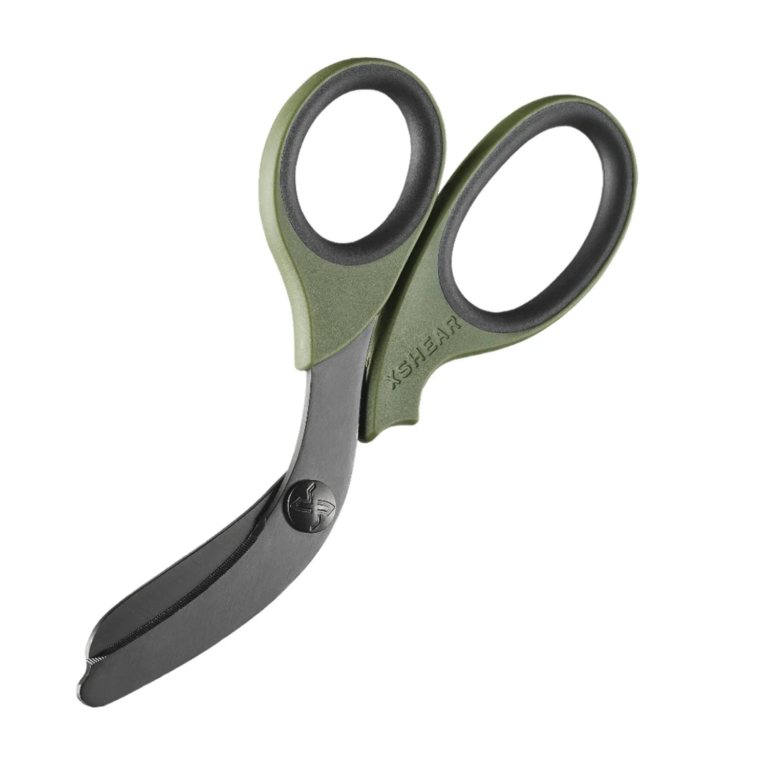 XShear 7.5-inch heavy-duty trauma shears with olive green handles and black titanium-coated blades for EMS and first aid kits