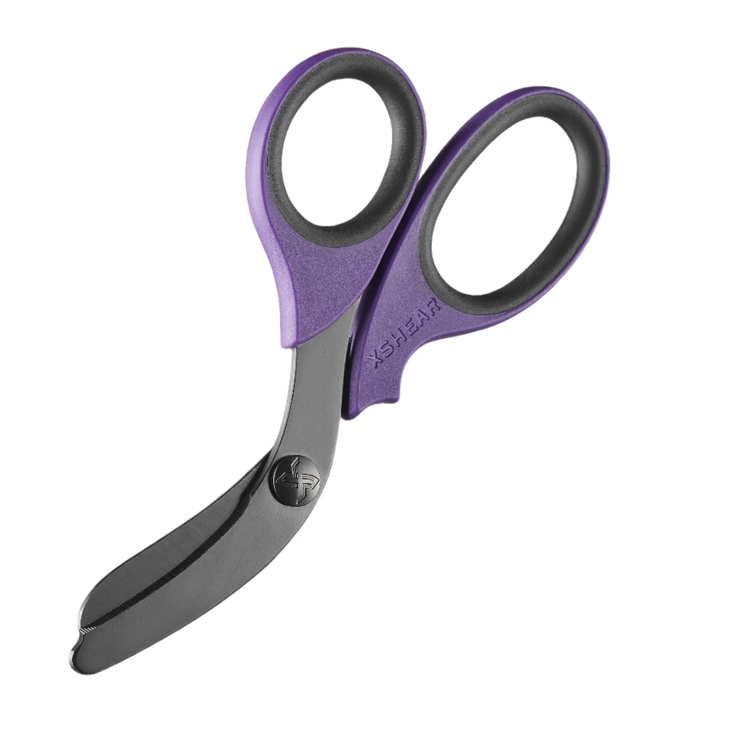 XShear 7.5-inch heavy-duty trauma shears with purple handles and black titanium-coated blades for medical and first aid kits
