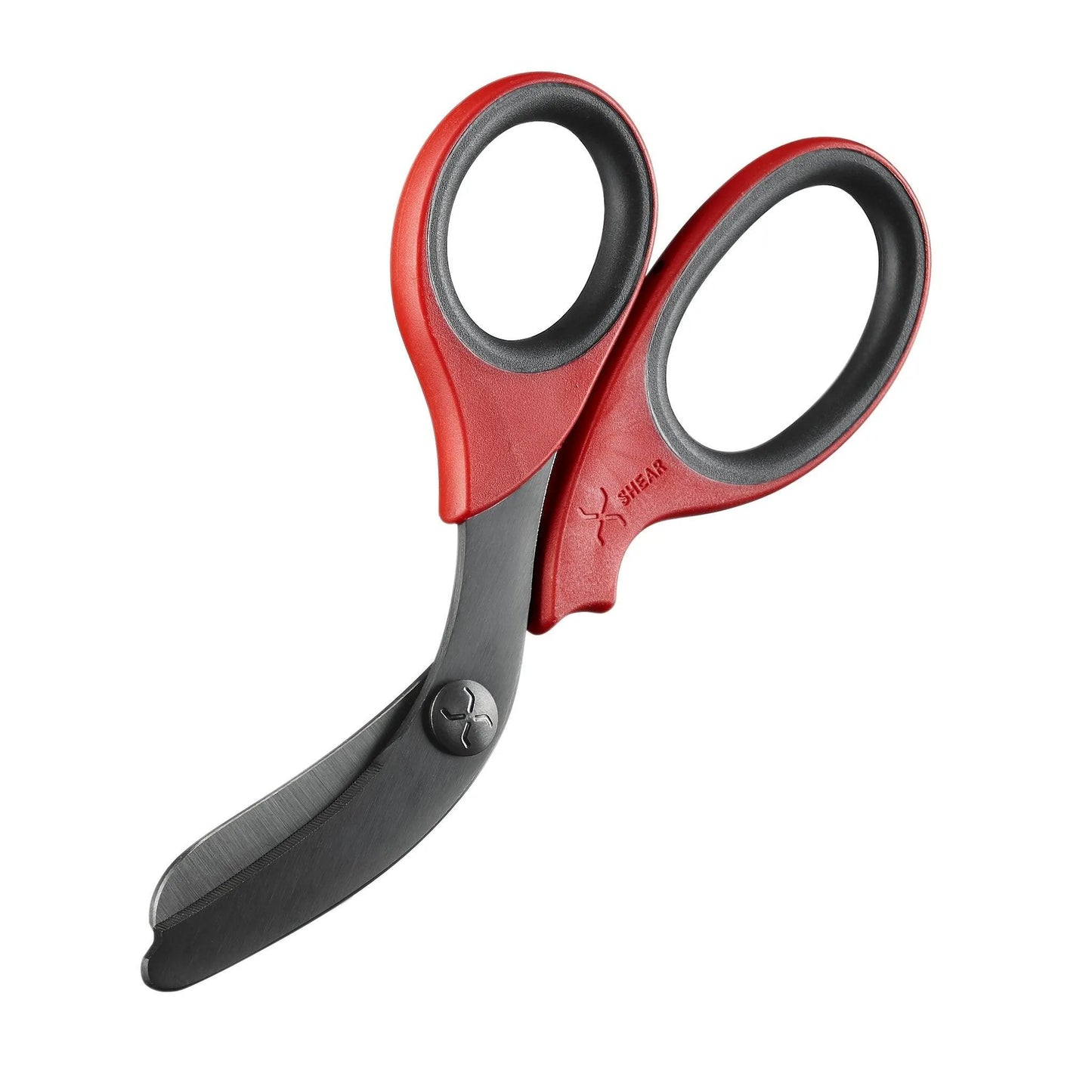 XShear 7.5-inch heavy-duty trauma shears with red handles and black titanium-coated blades for EMS and emergency responders
