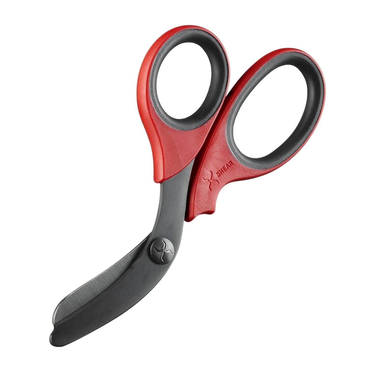 XShear 7.5-inch heavy-duty trauma shears with red handles and black titanium-coated blades for EMS and emergency responders