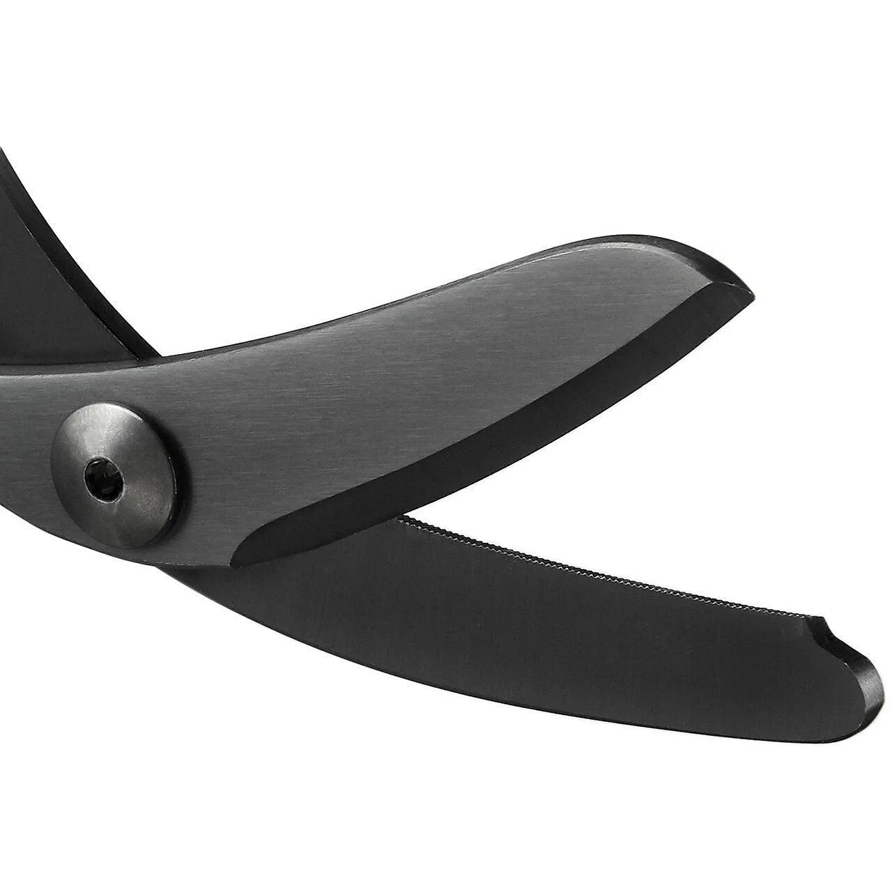 Close-up of XShear 7.5-inch heavy-duty trauma shears showing black titanium-coated curved blades for emergency medical use