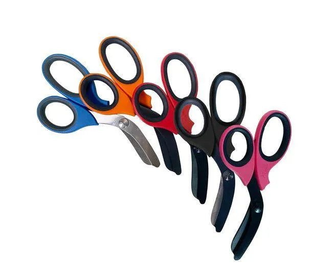 XShear 7.5-inch heavy-duty trauma shears displayed in multiple handle colours with black titanium-coated blades for EMS and first aid kits
