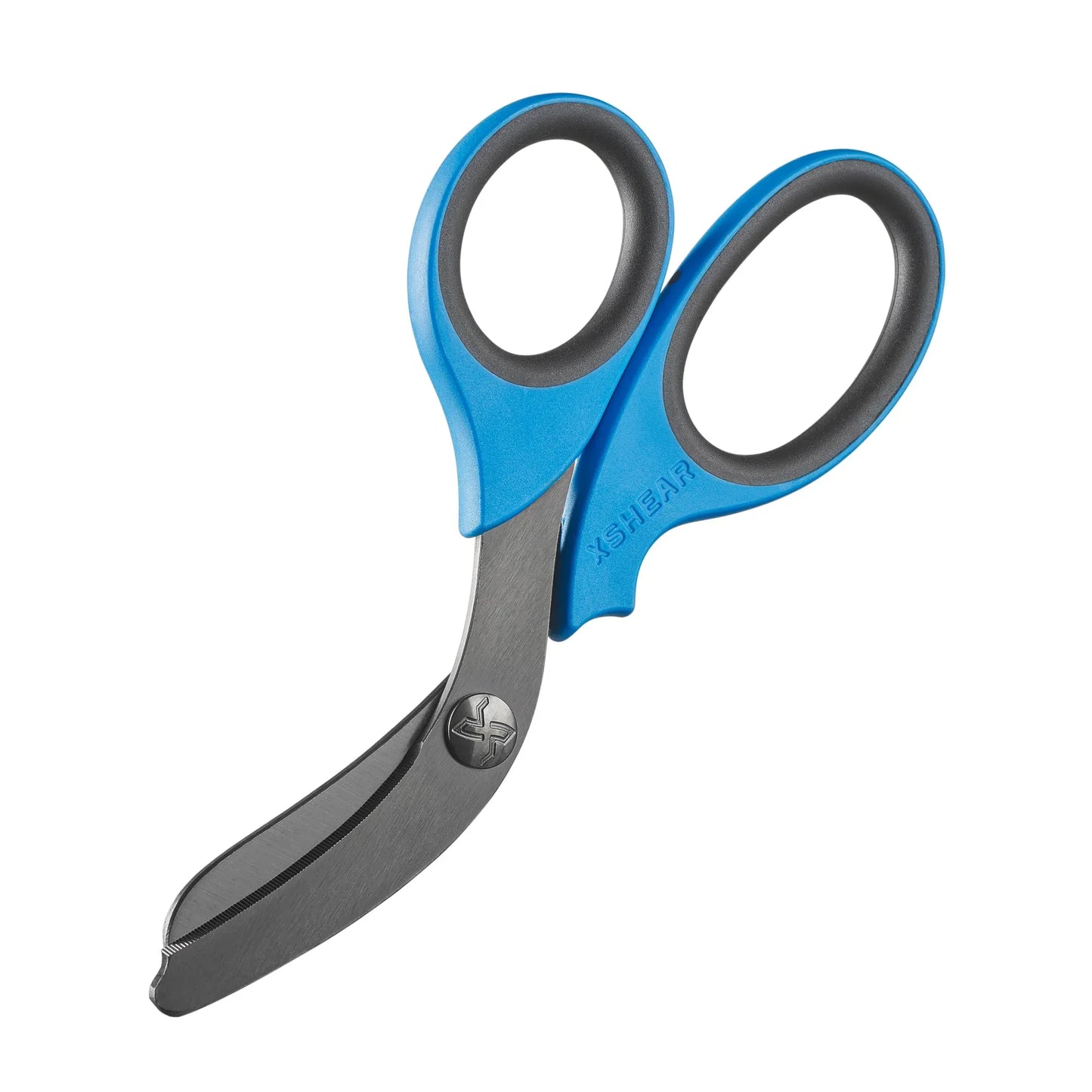 XShear 7.5-inch heavy-duty trauma shears with blue handles and black titanium-coated blades for EMS and emergency responders.