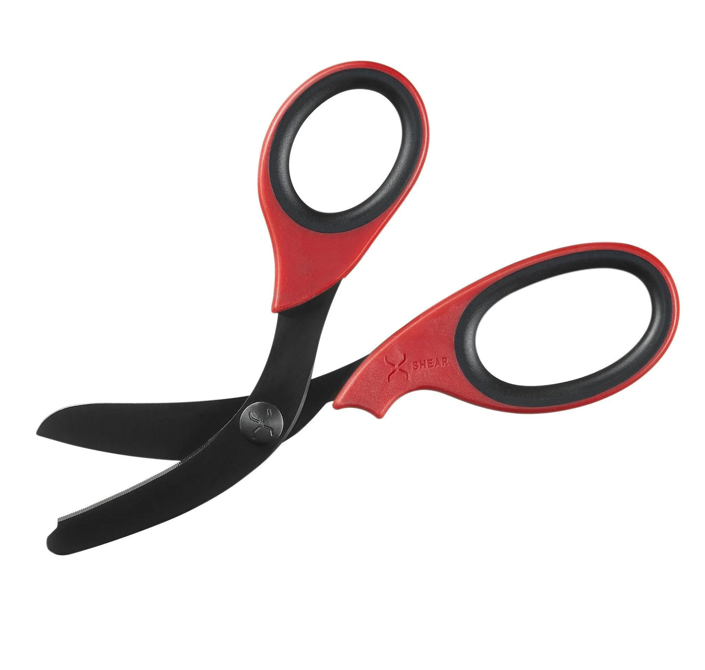 XShear heavy-duty trauma shears with red handles and black titanium-coated blades shown open, 7.5-inch EMS scissors